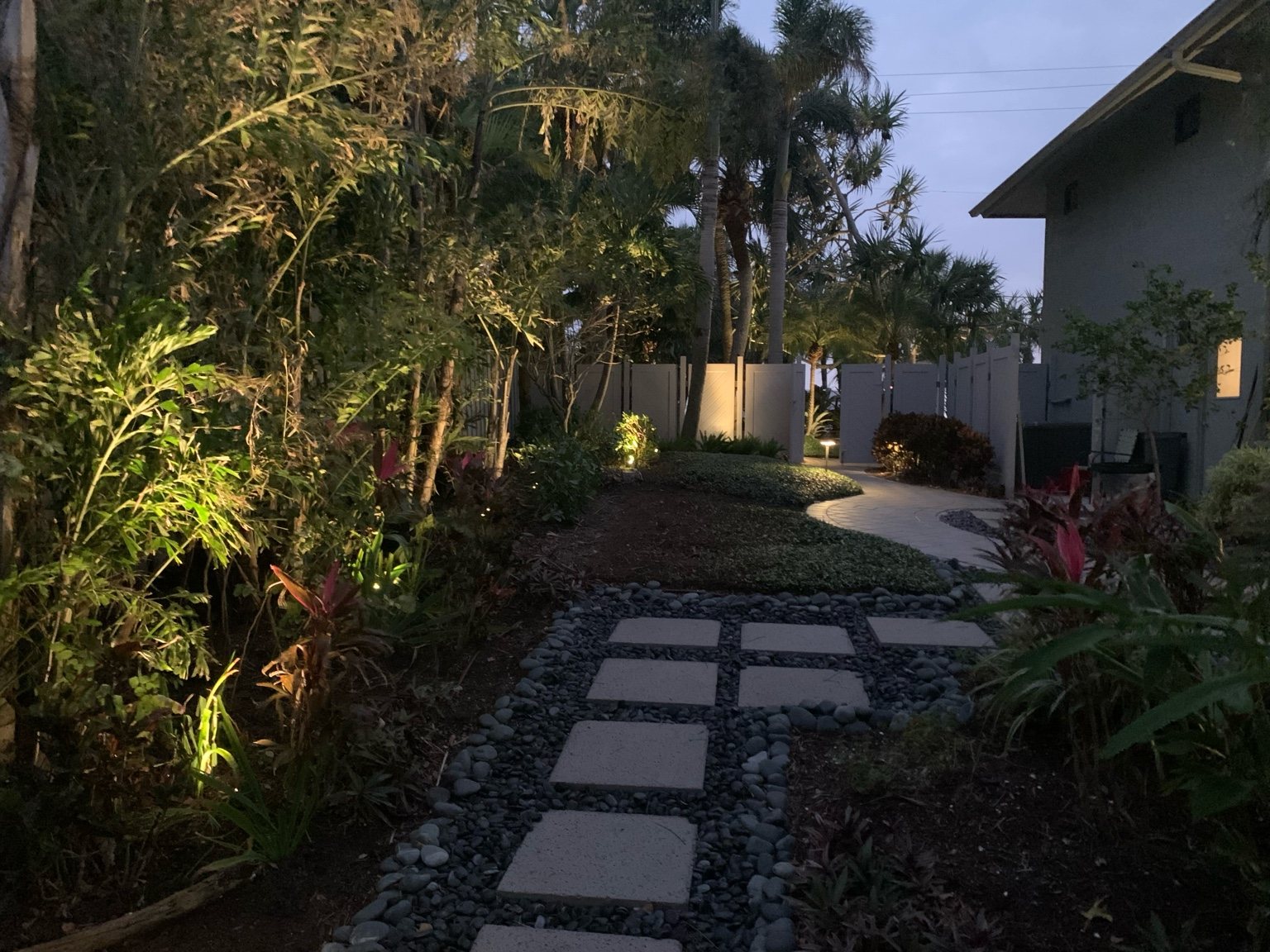 Garden pathway lighting at dusk