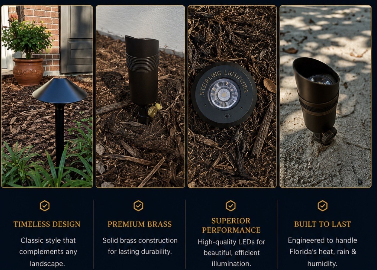 Luxury path light fixture installed in landscape bed